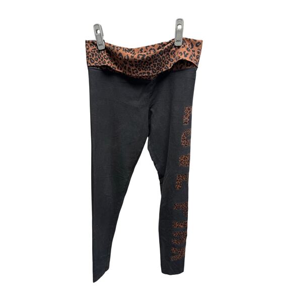 Victorias Secret PINK Leggings M Black Foldover Waistband Leopard Print Y2K EUC - Picture 2 of 6
